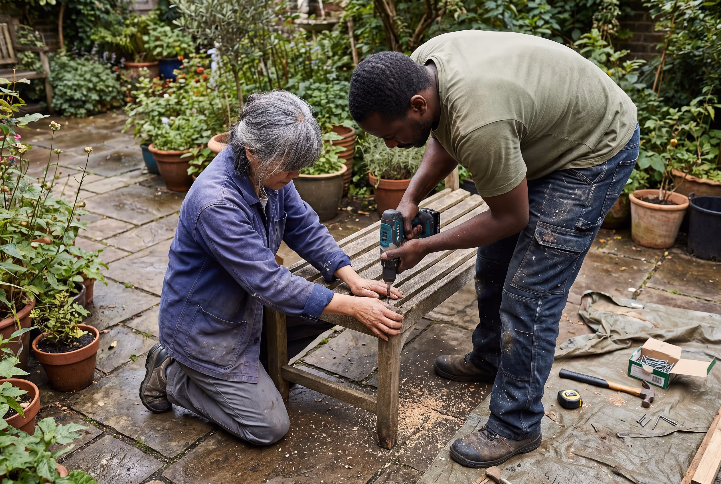 Two people crouched together in a green courtyard, repairing a wooden garden bench with hand tools.