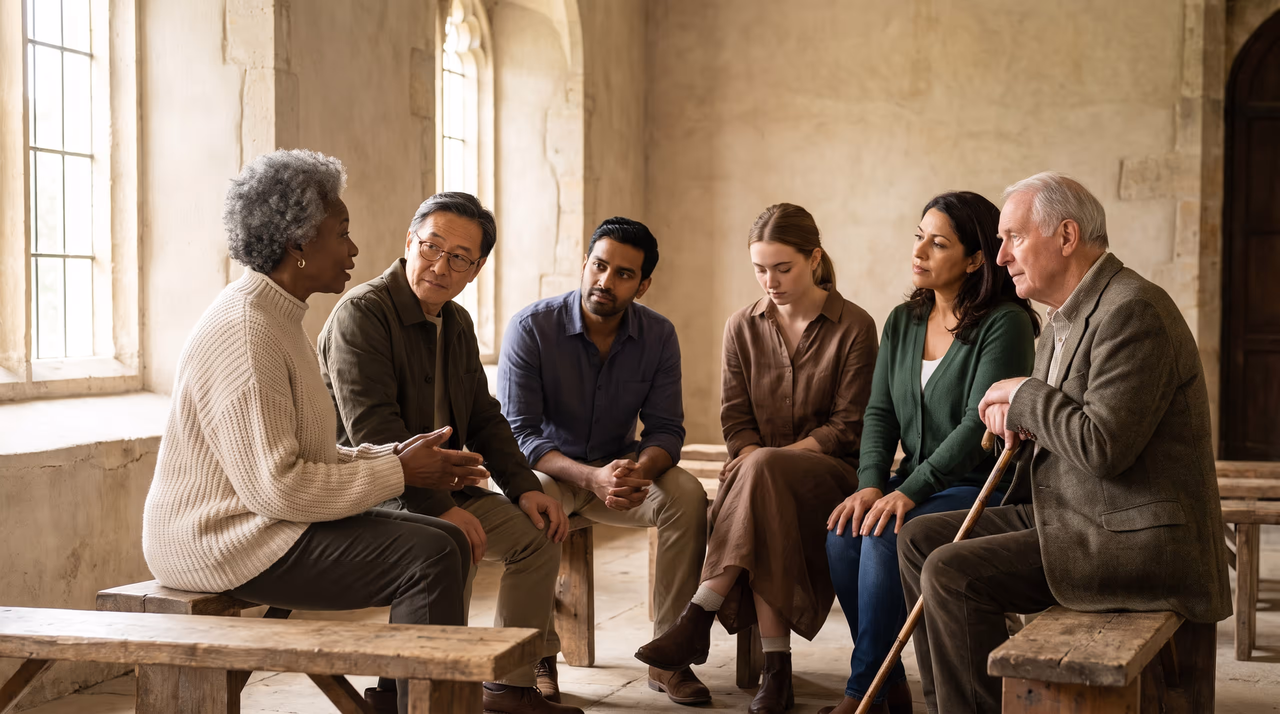 A small group of people of different ages seated in a loose circle on timber benches in a bright stone room, listening as one of them speaks.
