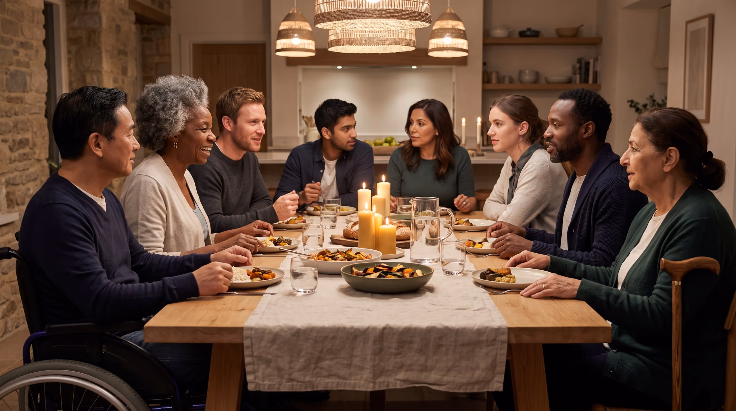 A long table seen down its length, ten people of different ages and backgrounds sharing a simple meal by candlelight, leaning in and talking.