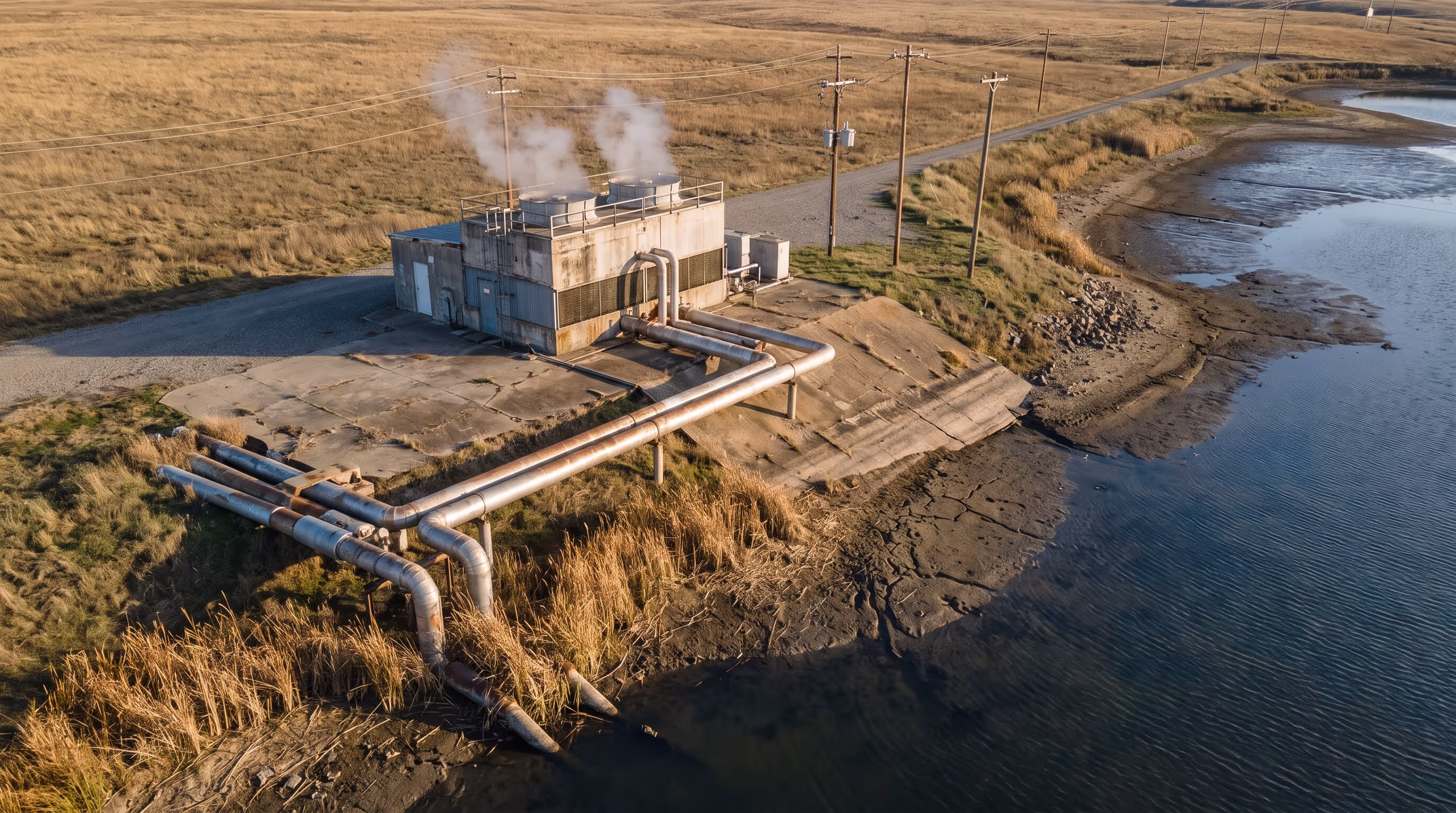 A cooling plant and its pipes stand beside the exposed muddy shoreline of a depleted reservoir.