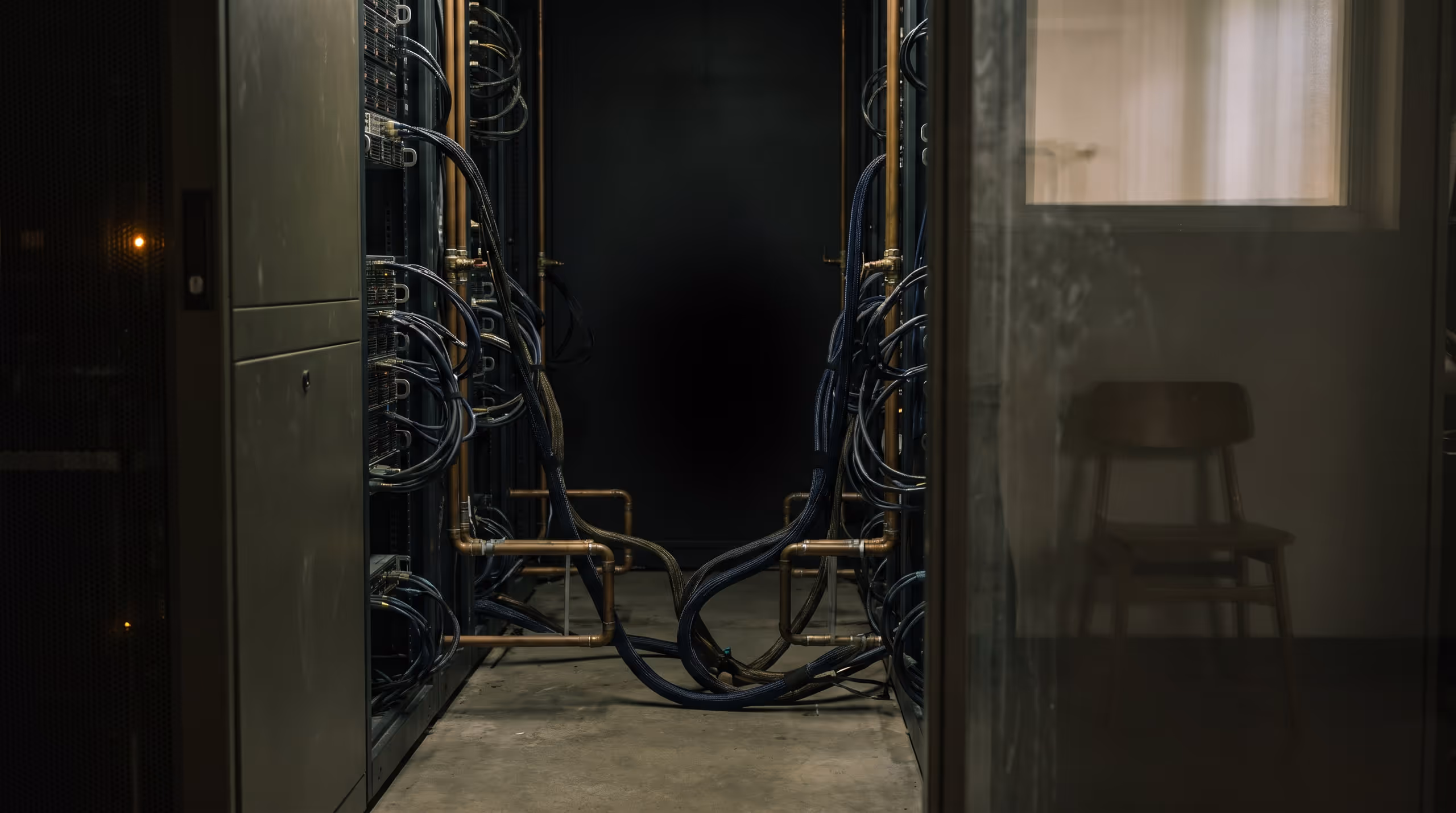 Dark server racks and cooling pipes surround an empty central aisle, with an empty chair reflected in glass.