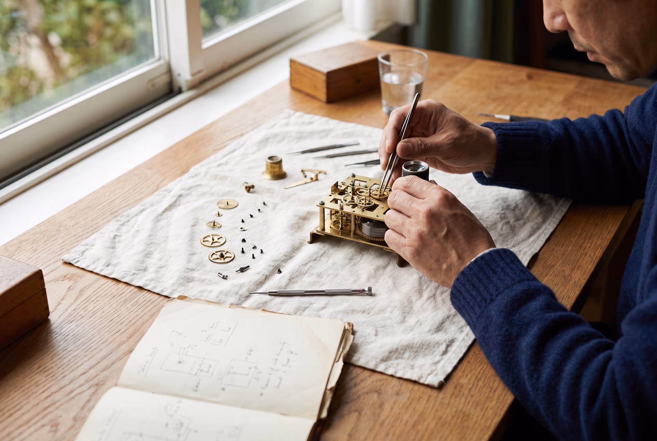 A person at a plain oak desk beside a window, carefully repairing the movement of a small mechanical clock, brass parts laid out in order on a linen cloth.