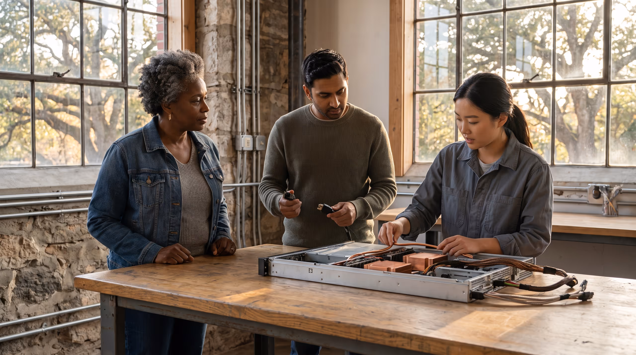 Three adults stand around an open computer chassis on a workshop table, examining its power and cooling connections.