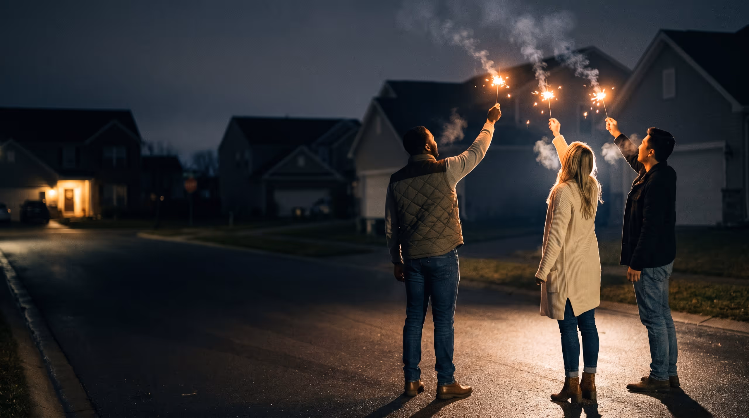 Three people standing in a quiet suburban street at dusk, each holding a lit sparkler raised overhead, seen from behind as thin smoke drifts into a blue winter sky.