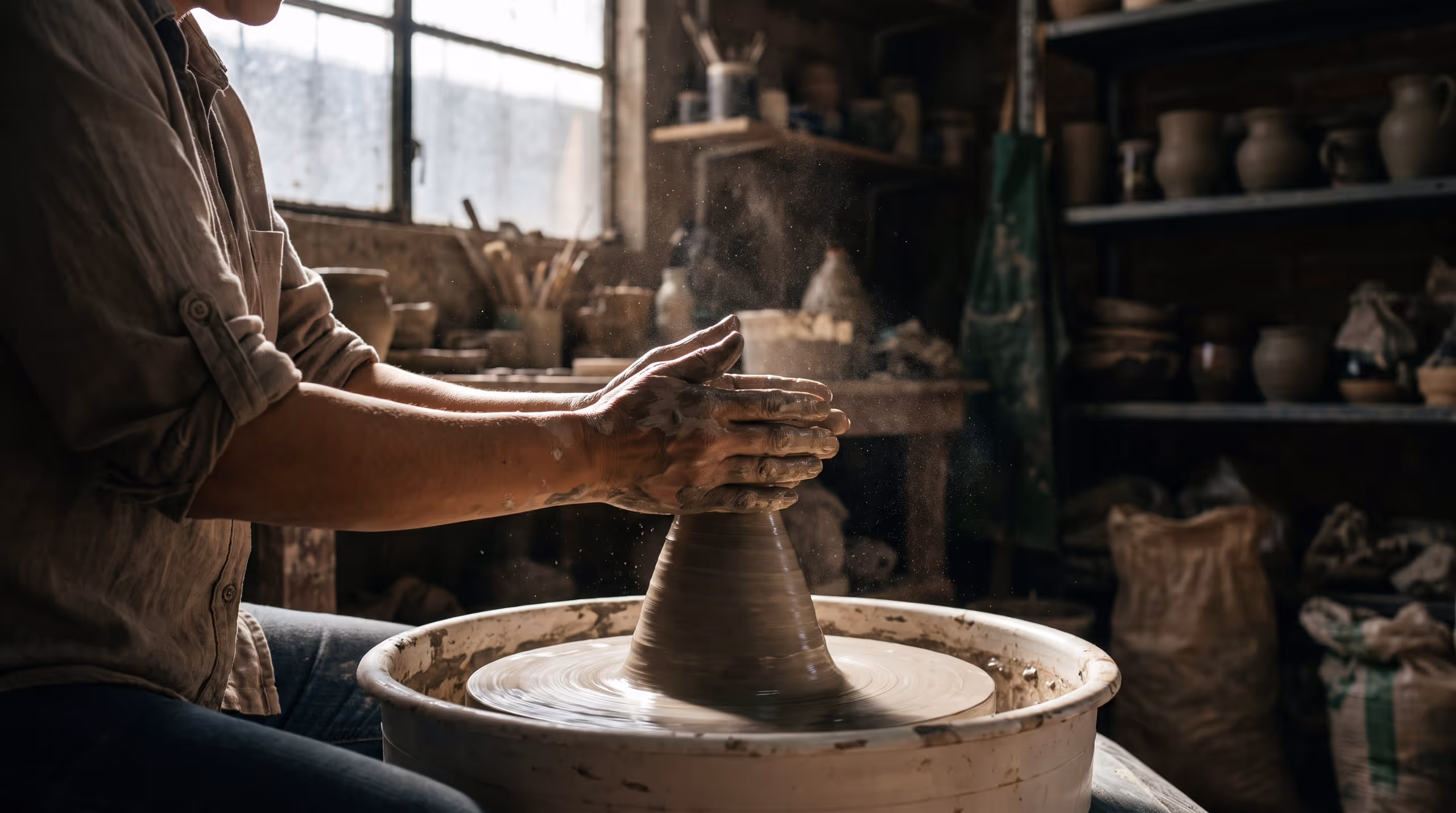 A potter's clay-streaked hands at a wheel in a workshop, wet clay rising between them in a shaft of window light.