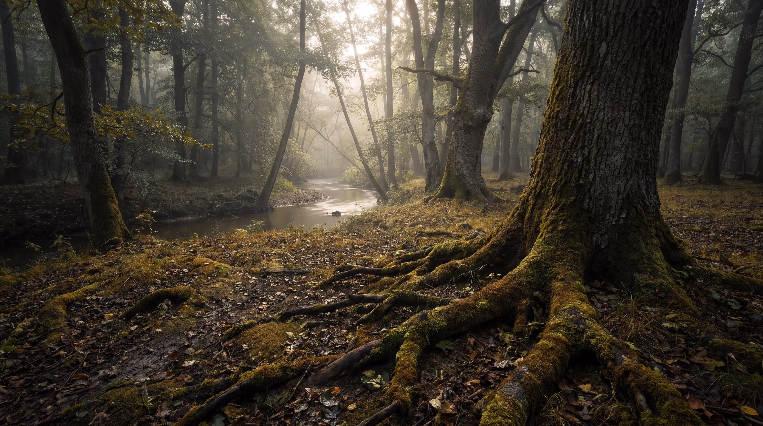 The interior of an old woodland at dawn: great mossed roots gripping wet ground, light shafting between trunks through mist.