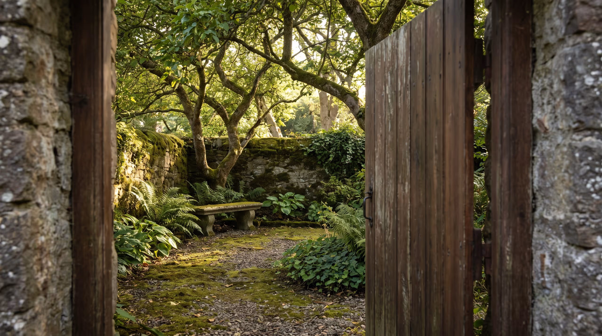 A small walled garden seen through a half-open timber gate: green shade, a stone bench, dappled afternoon light.