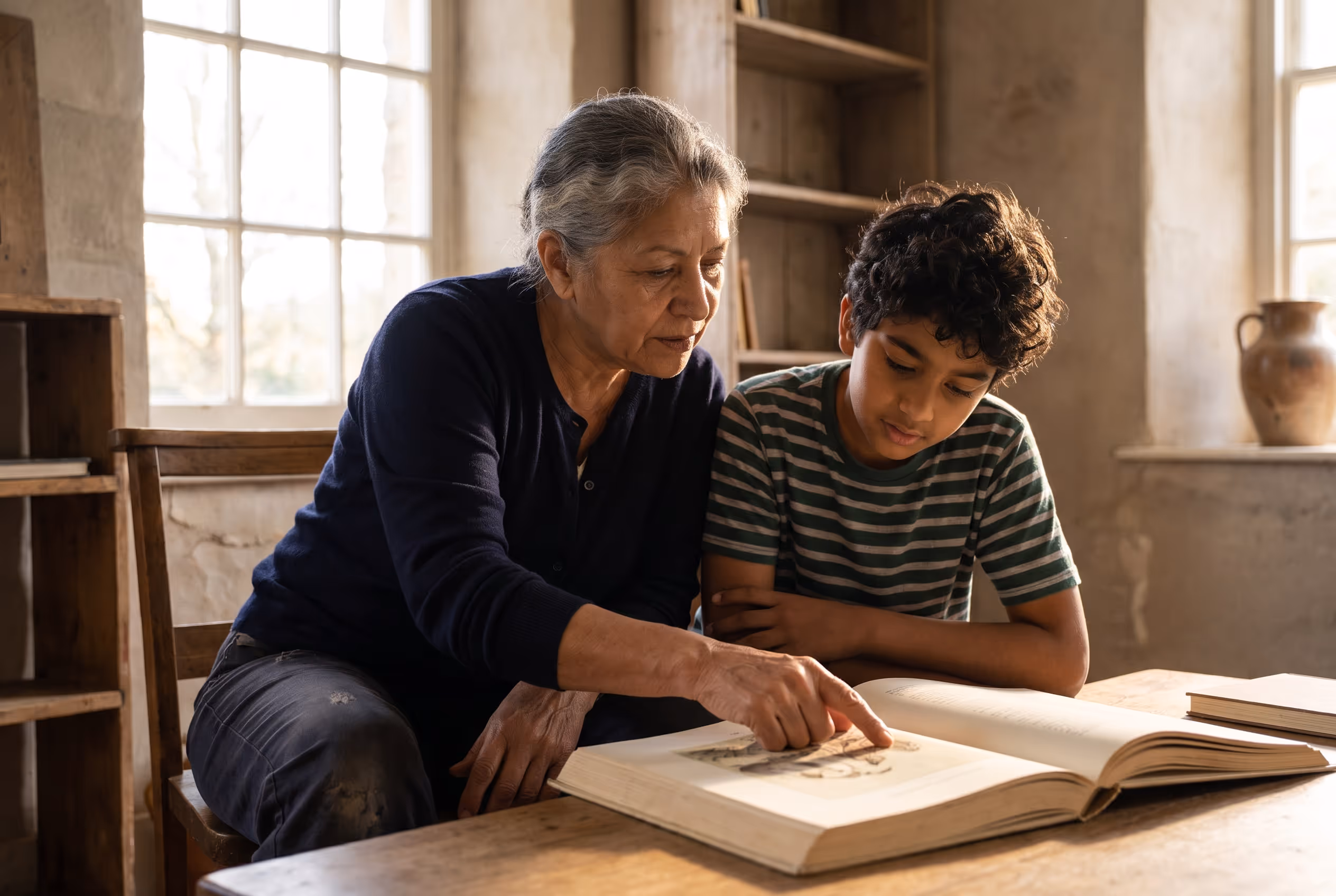 An older woman and a boy of about ten sitting together at a table in morning light, leaning over an open book, she pointing at something on the page.