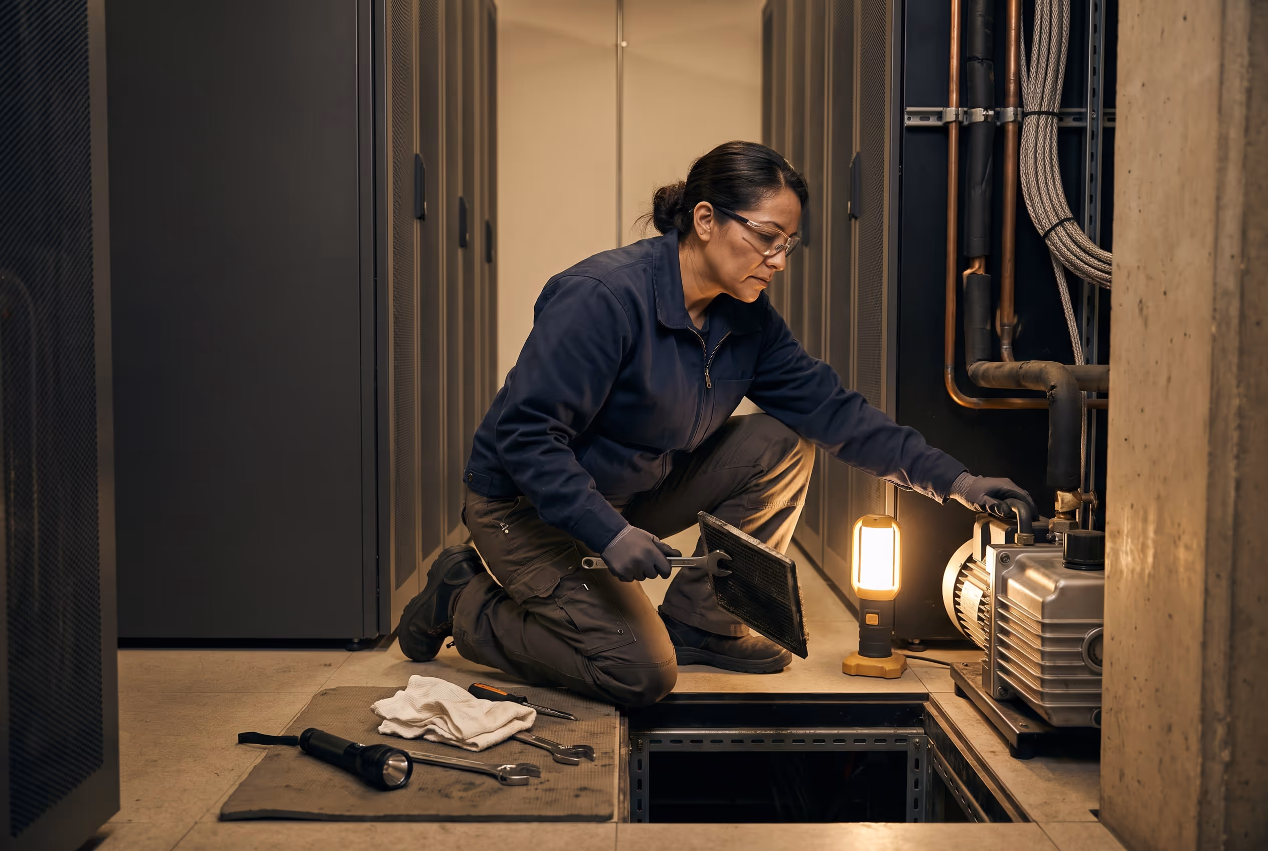 A technician kneels between server cabinets at night, servicing a cooling pump beside an open floor panel.