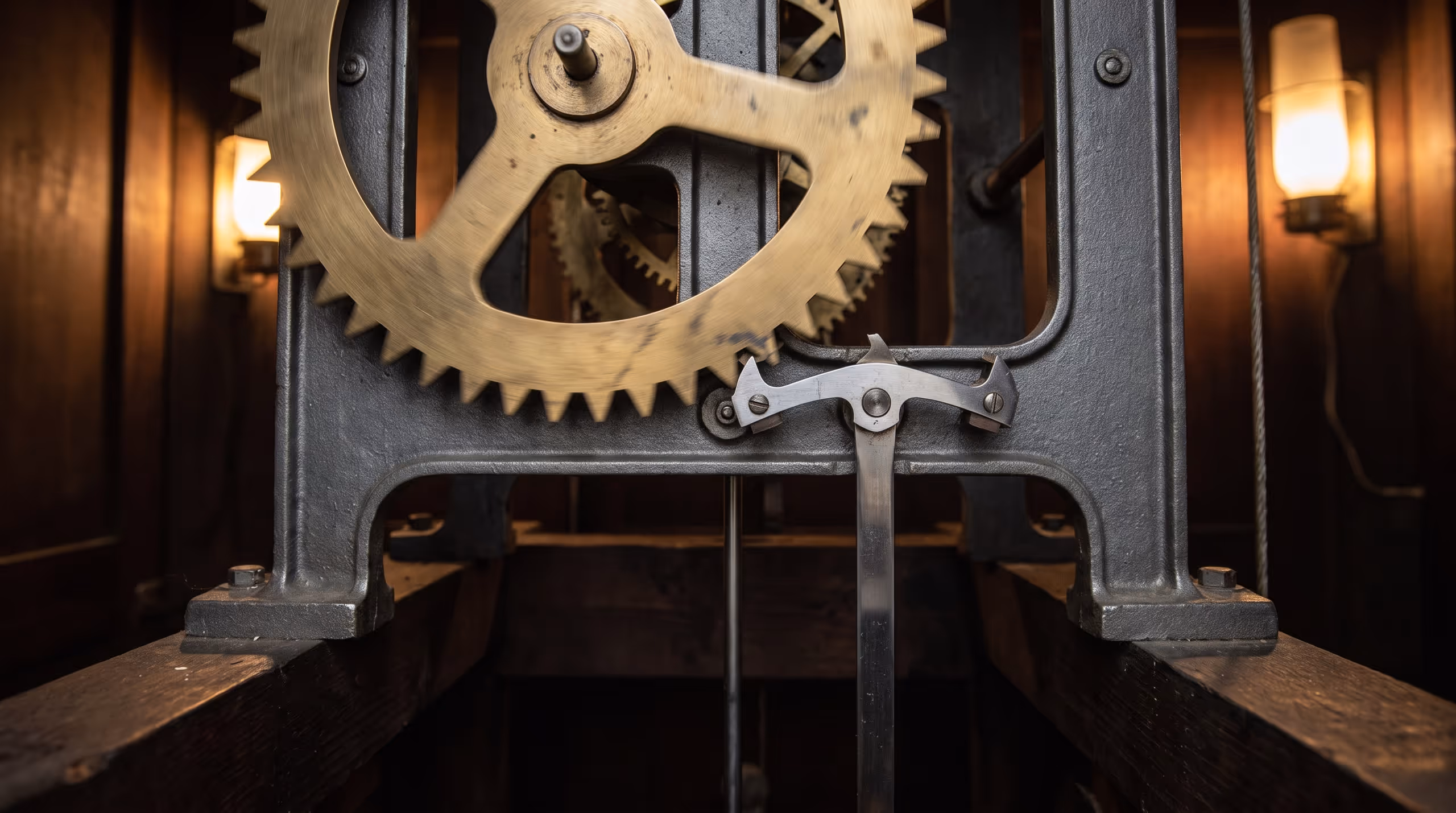A brass escape wheel meets the steel anchor of a tower clock, with the pendulum rod descending between iron supports.