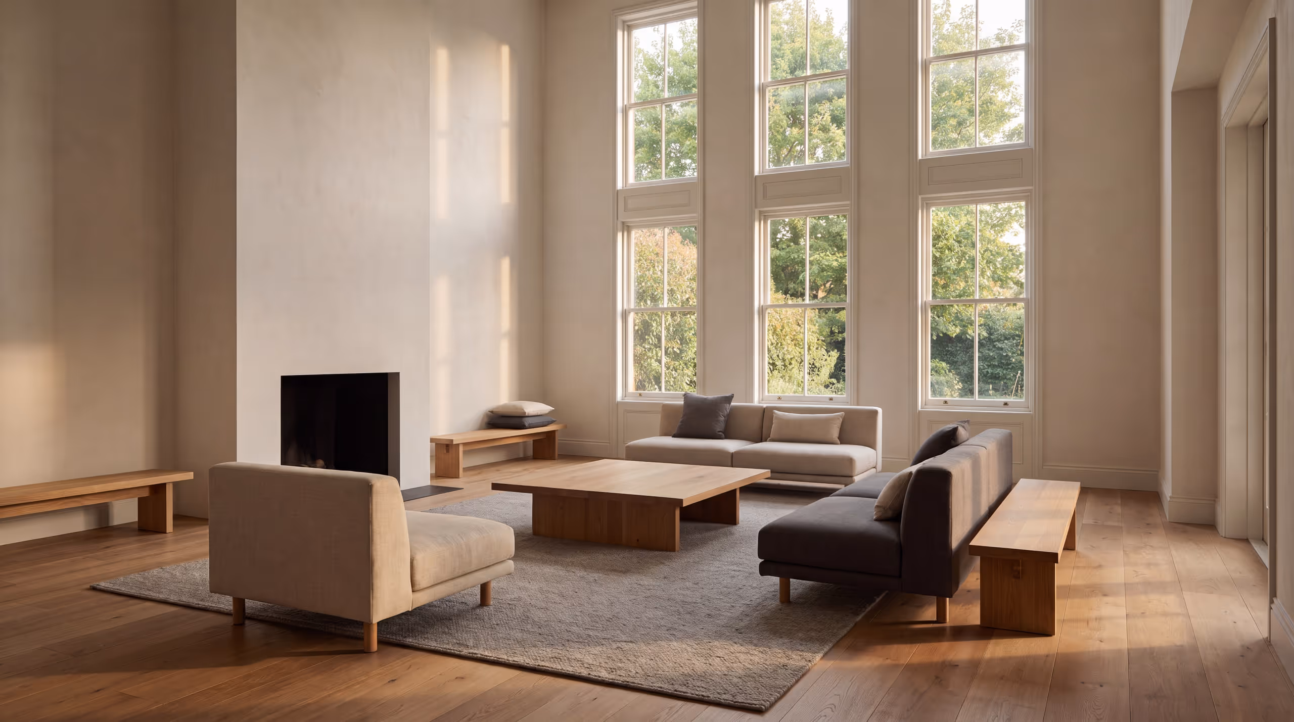 A quiet room with tall windows, oak benches and low seating arranged around a plain timber table, empty and full of afternoon light.