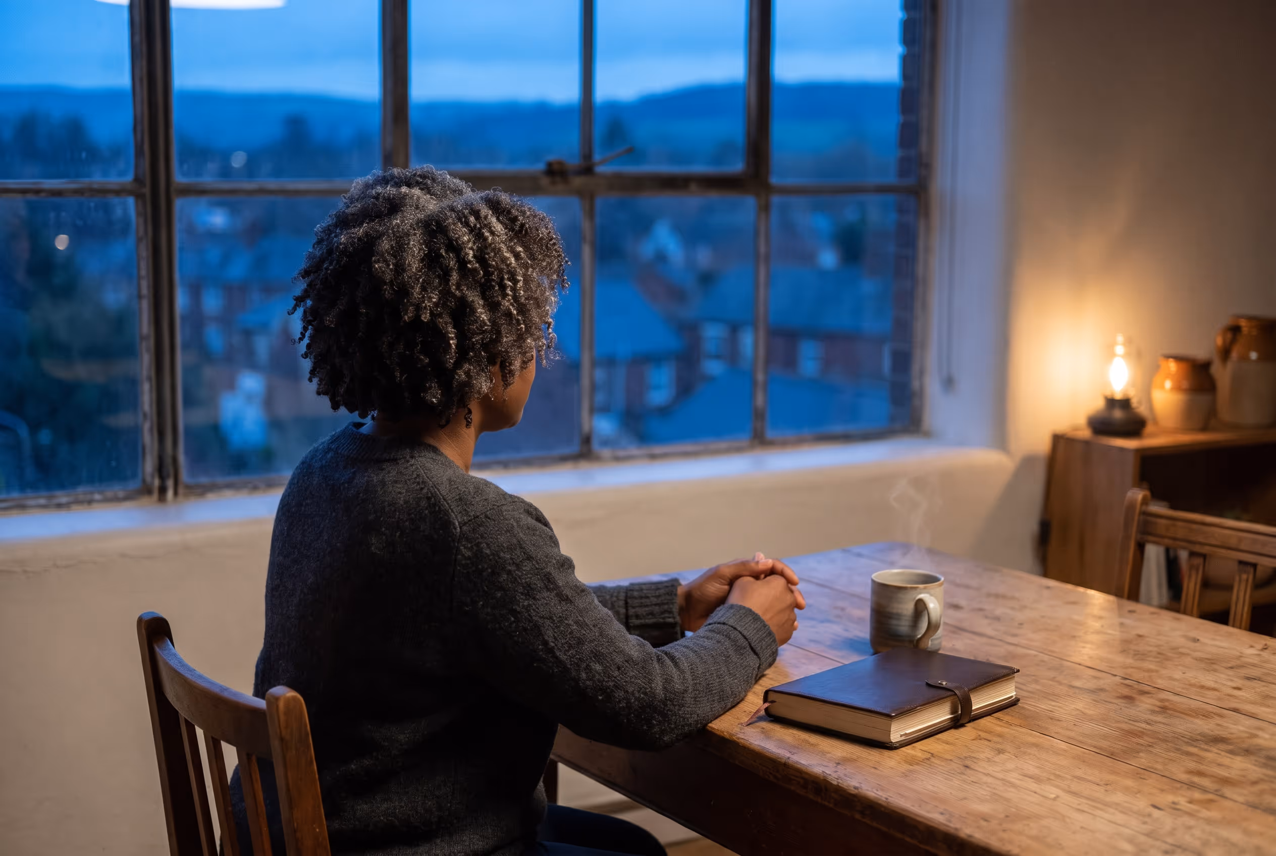 A woman sitting alone at a table by a large window at dusk, a closed notebook and a cup of tea beside her, looking out at the last of the light.