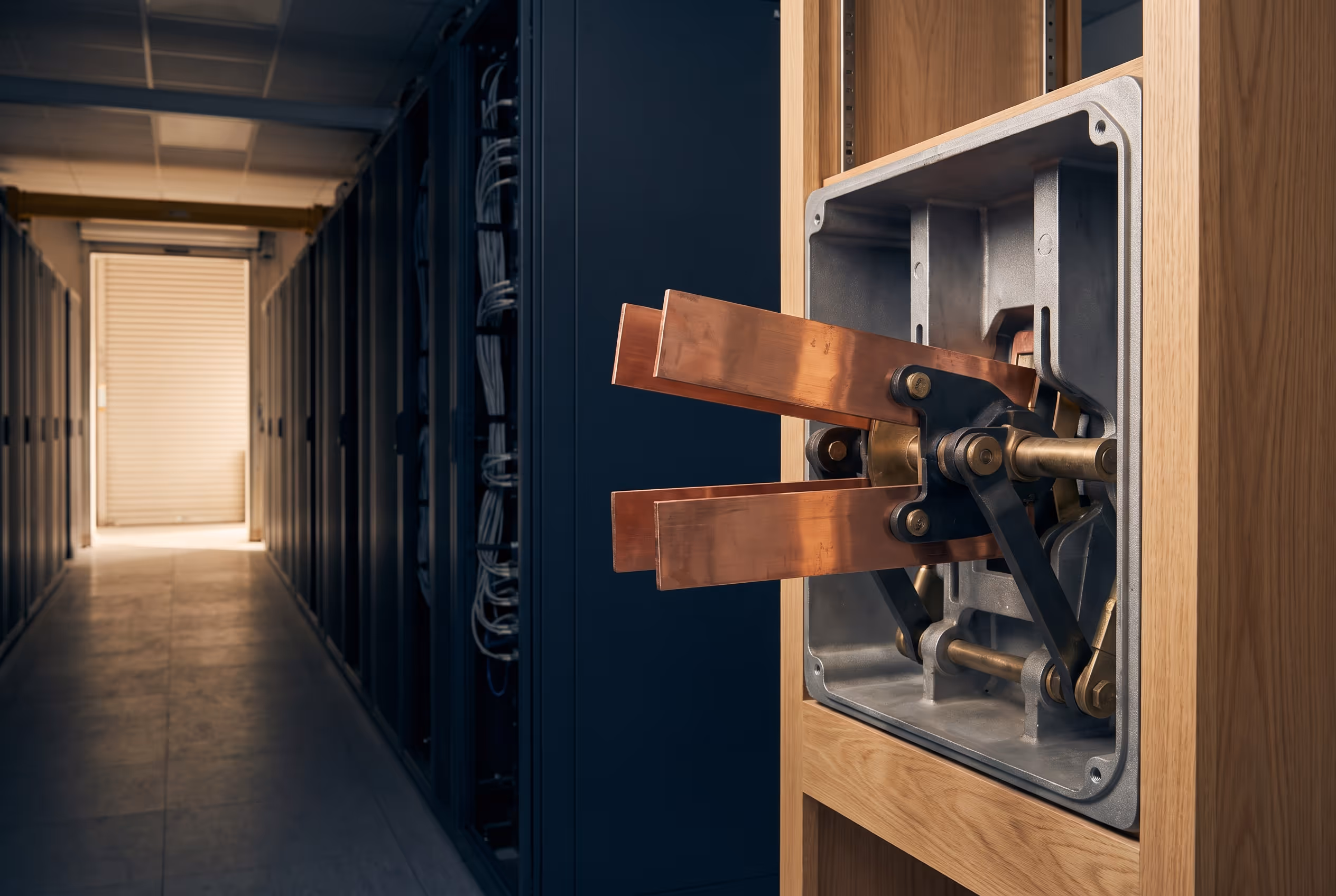 Two copper busbars are held apart inside an open mechanical disconnect beside rows of server cabinets.