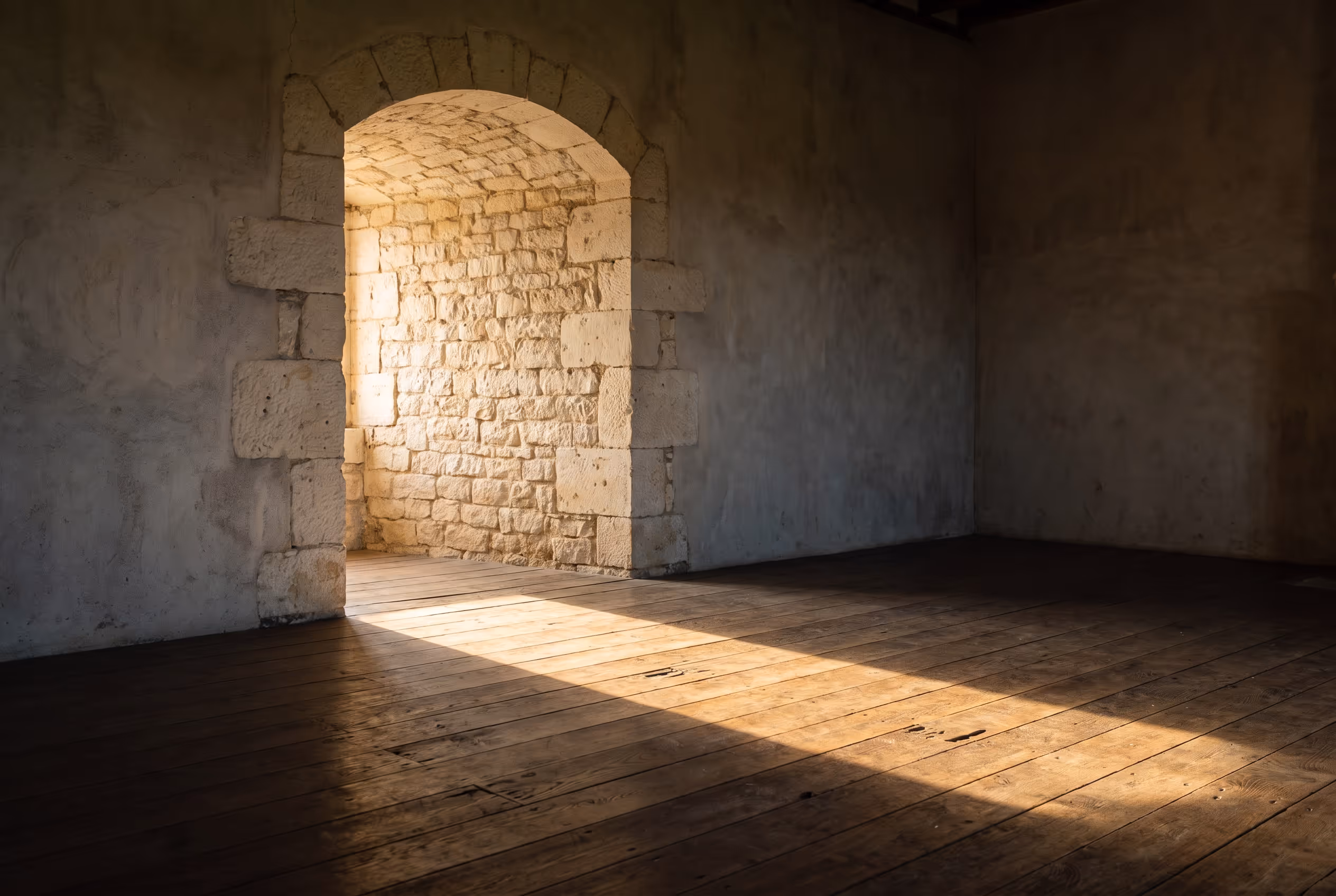 An arched stone doorway seen from inside a dim room, with warm morning light falling through it across a worn timber floor.