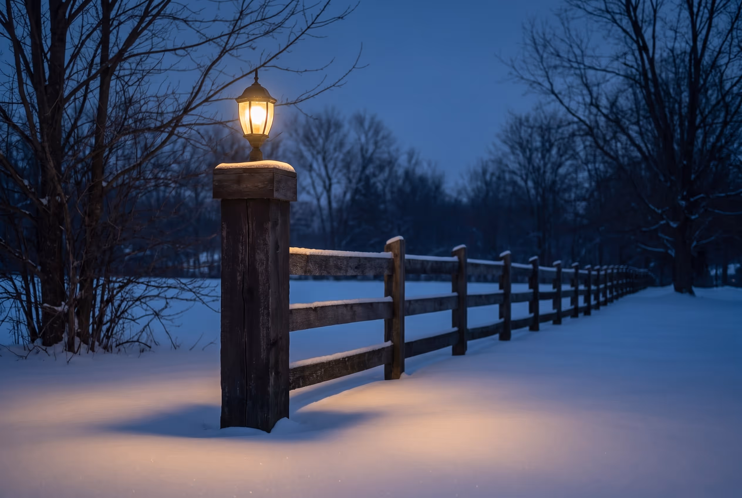 A single lit iron lamp on a timber post beside a fence in deep snow at blue dusk, its warm light pooling on the ground.